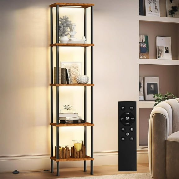 5-Tier Display Corner Shelf with Dimmable Lights, 69.21 Inch Tall Bookshelf Storage Rack, Floor Lamp Display Shelves for Small Spaces, Rustic Open Bookcase Square Shelf Tower for Living Room