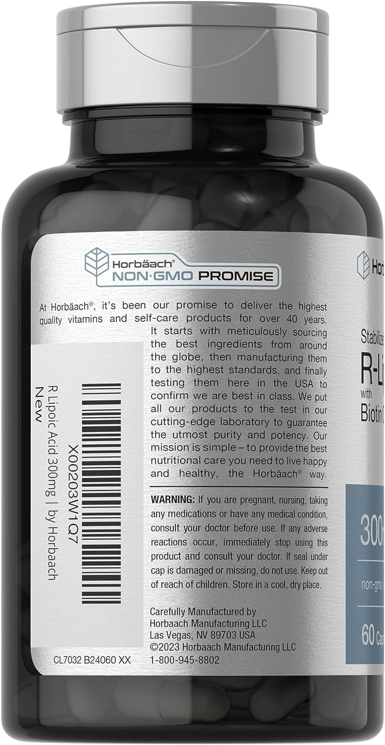 R Lipoic Acid 300mg Stabilized | 60 Capsules | Plus Biotin Optimizer | by Horbaach