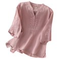 thumbnail image 1 of Top de verano de lino con cuello en V y bordado para mujer - Blusa informal de manga corta, holgada y de color liso, 1 of 8