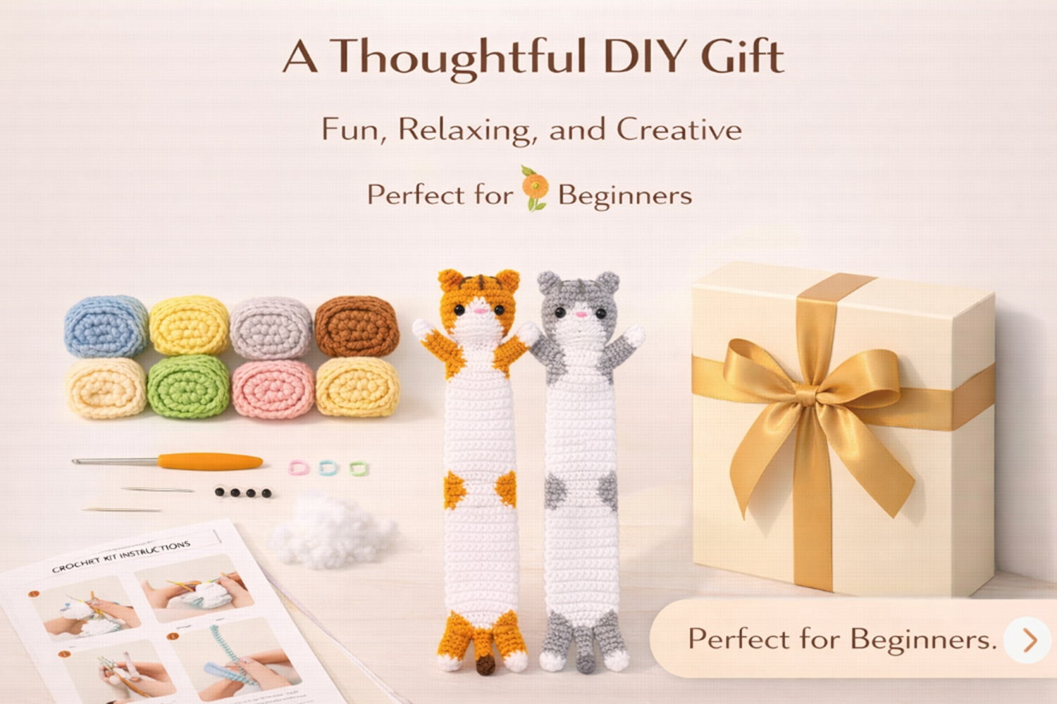 2 Pack Long Cat Bookmark Crochet Kit for Beginners, Cat Amigurumi Starter Set with Step by Step Video Tutorials, TIKA