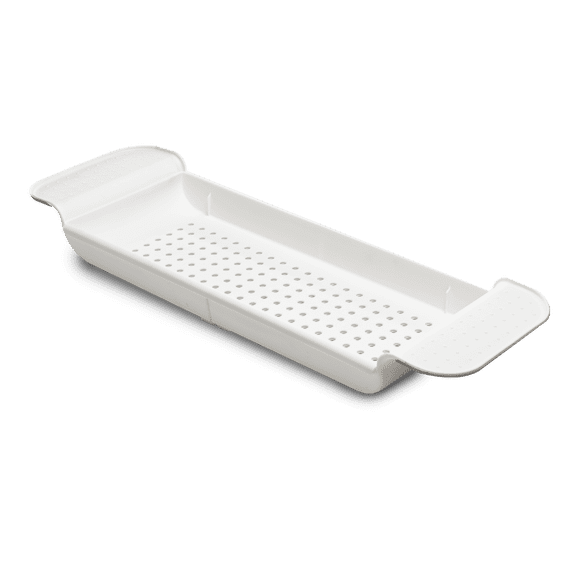 madesmart Expandable Bathtub Tray, Adjustable Bath Caddy & Over Tub Organizer Shelf for Bath Accessories, Soap, Razors, Towels, Toys & Toiletries, Non Slip Silicone Grip, Drainage Holes, White