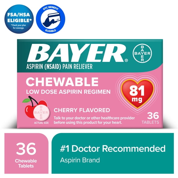 Bayer Chewable Aspirin Regimen Low Dose Pain Reliever Tablets, 81mg, Cherry, 36 Count