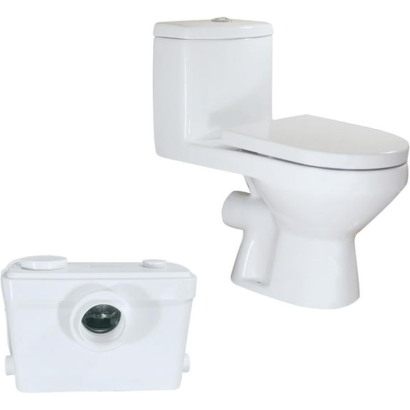 WinZo 600W Macerating Toilet System Dual Flush with 3 inlets Macerator Pump One Piece Round Basement Bathroom,Horizontal Rear Outlet,White