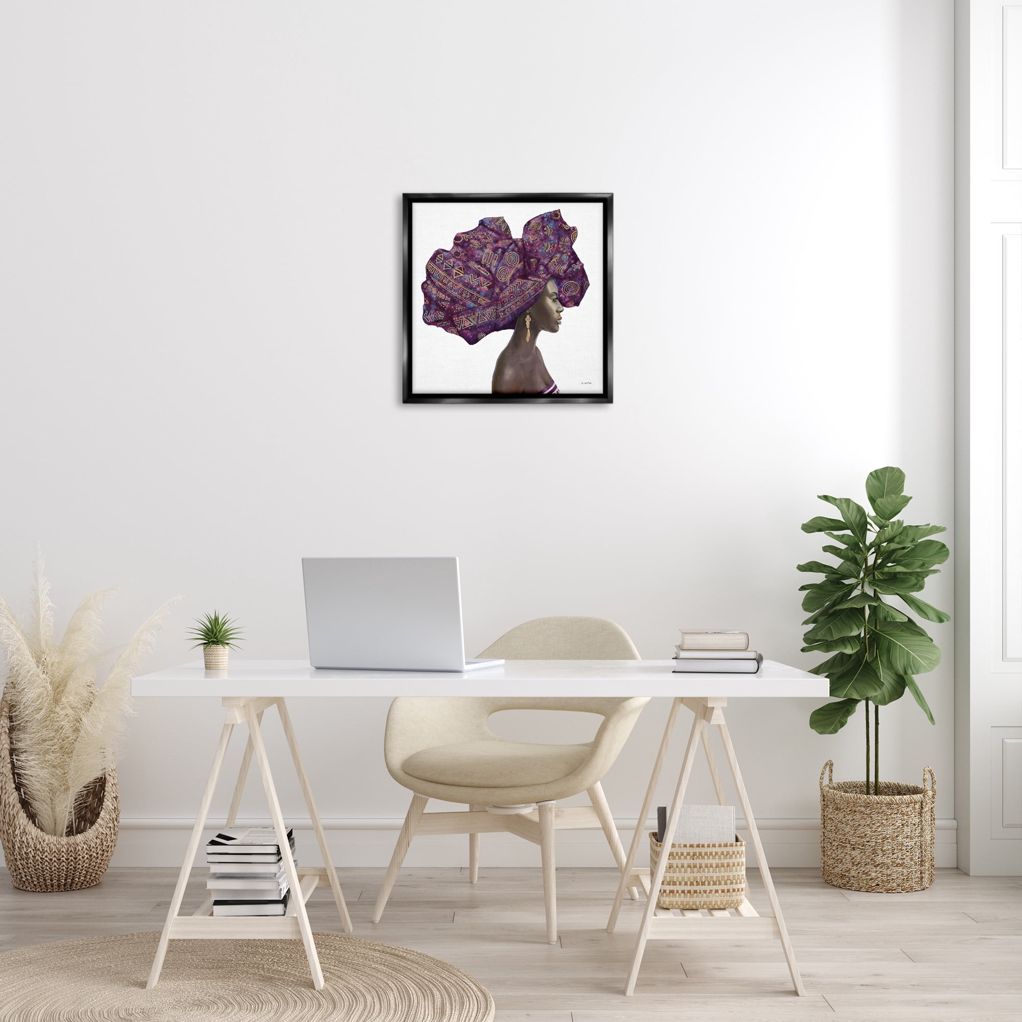 Stupell Industries Strong Female Portrait Headwrap Culture Beauty & Fashion Painting Black Floater Framed Canvas Art Print Wall Art, 25 x 25