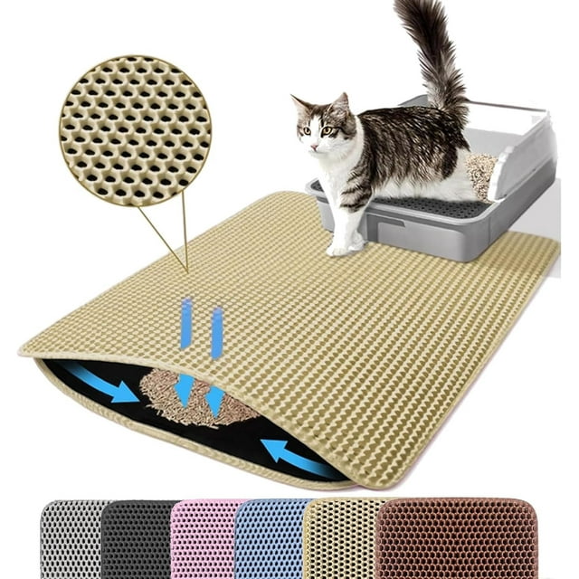 1Pc Large Size Cat Litter Mat-Advanced Honeycomb Double Layer Design,Urine Waterproof,Easy Cleaning,Scatter Control,Stay Clean,Khaki,L-45x60cm