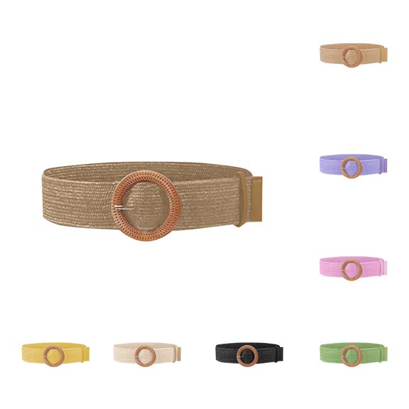 Nmnitkp Belts for Women Adjustable PP Straw Woven Elastic Waist Cincher Belt, Round Buckle Fashion Stretch Belt for Dresses Jeans Summer Boho Outfits Brown,Free Size