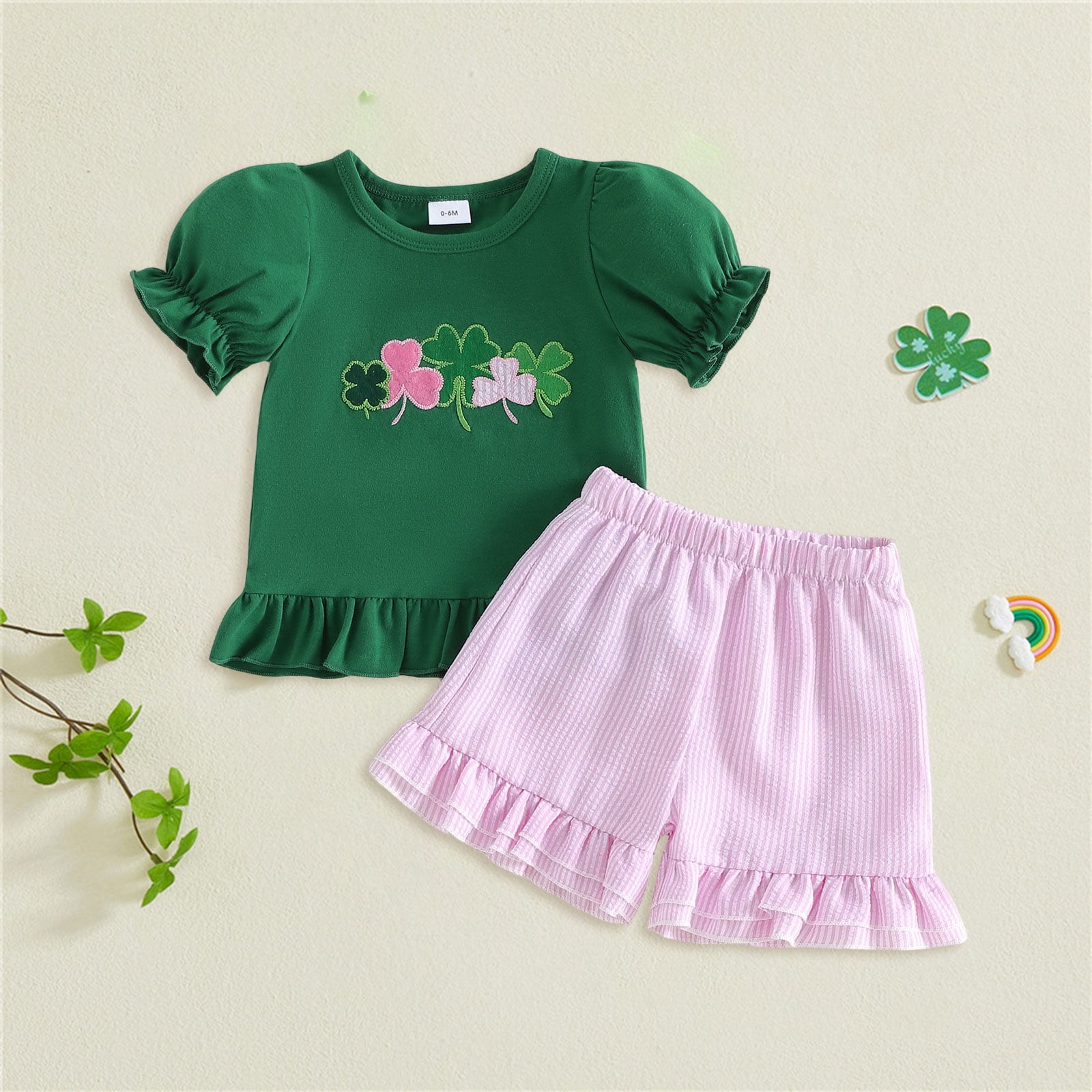 Staki Girls Clothes Short Sleeve Tops + Shorts Kids Summer T-shirt Outfit Baby Girls St Patricks Day Outfit 0-24M 2-3Y(Green,2-3 Years)