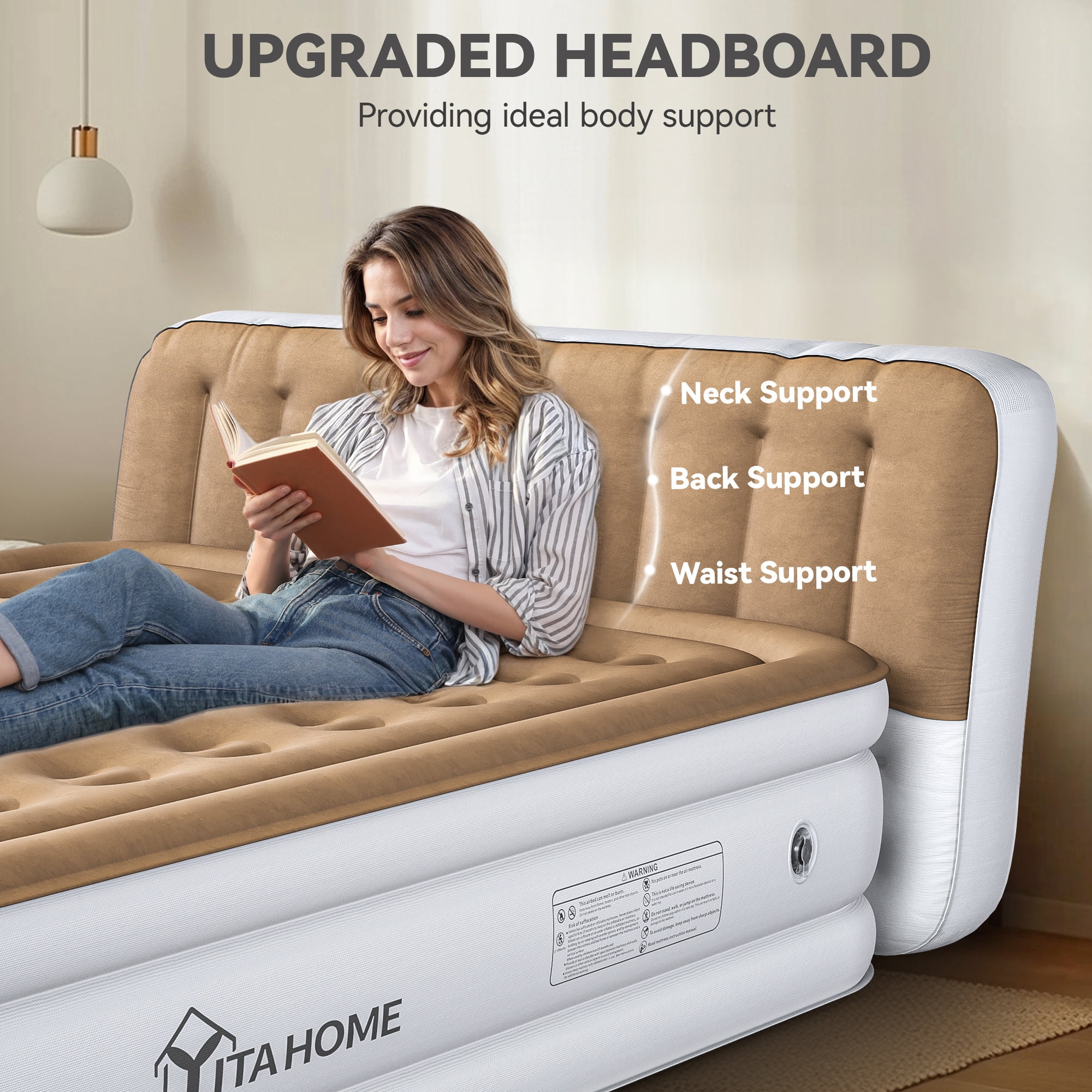 Uforic Queen Size Air Mattress with Pump and Headboard, 18in Luxury Flocked Top Blow up Mattress, Durable Inflatable Mattress for Home & Guest, Brown AirBed