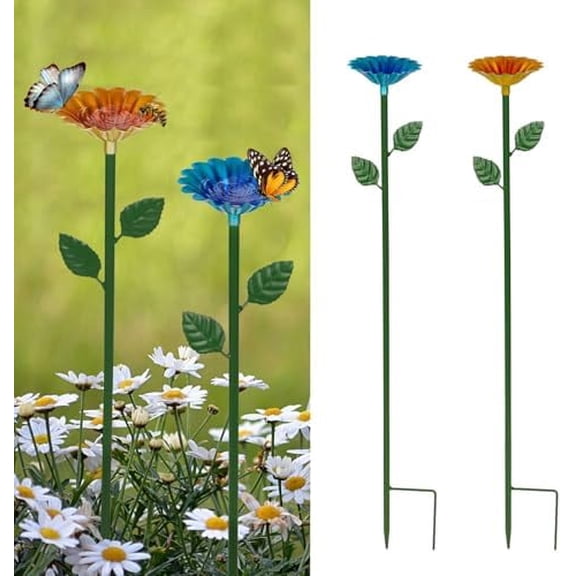 2 Pack Bee Watering Station,Bee Bath for Garden Metal Bee Water Feeder with Flower Design, Colorful Butterfly Bee Bath Bowl for Outdoor Garden Yard Decor (Blue,Yellow)