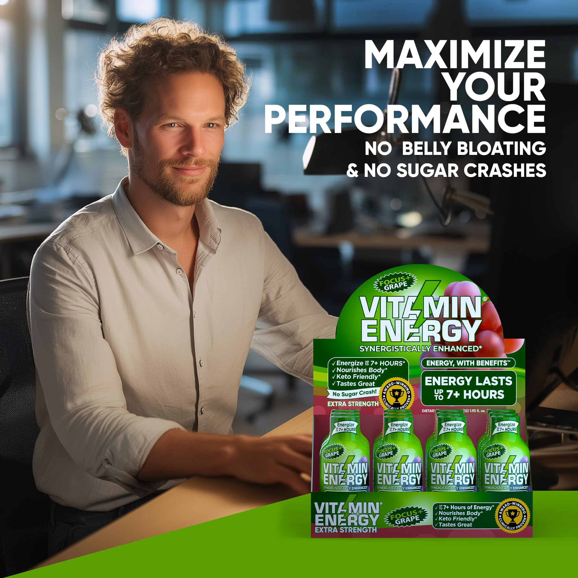 Vitamin Energy Focus+ Extra Strength Shot, Grape, 48 Pack – 260mg Natural Caffeine, CoQ10 & B-Vitamins, Zero Sugar, 1.93 fl oz