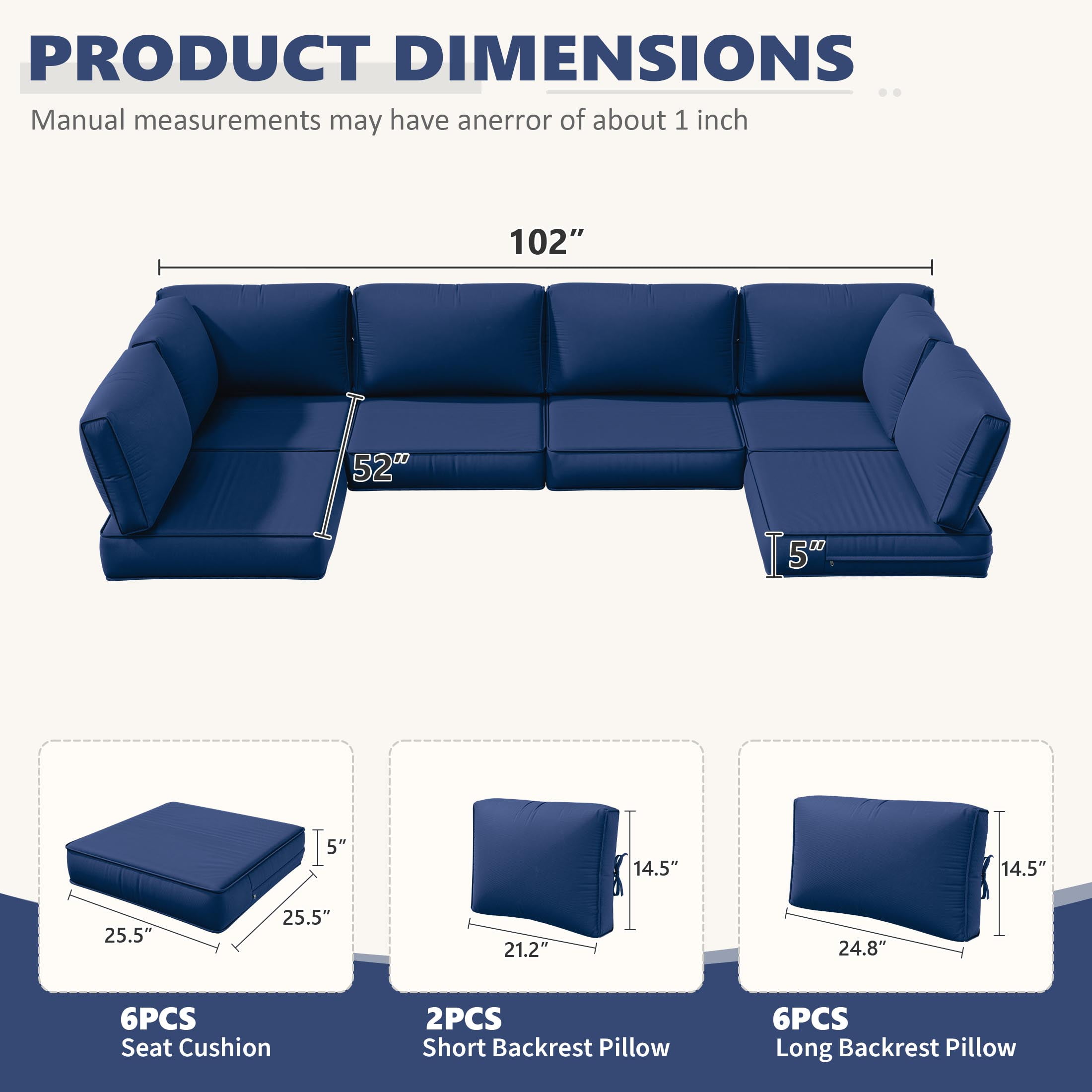 Snubbull 6-Seat Sectional Outdoor Patio Replacement Cushions Set, 25.5" x 25.5", 5" Foam High-Density, 14-Piece Water-Resistant Outdoor Cushion for Patio Conversation Sets, Liner&Cover, Blue