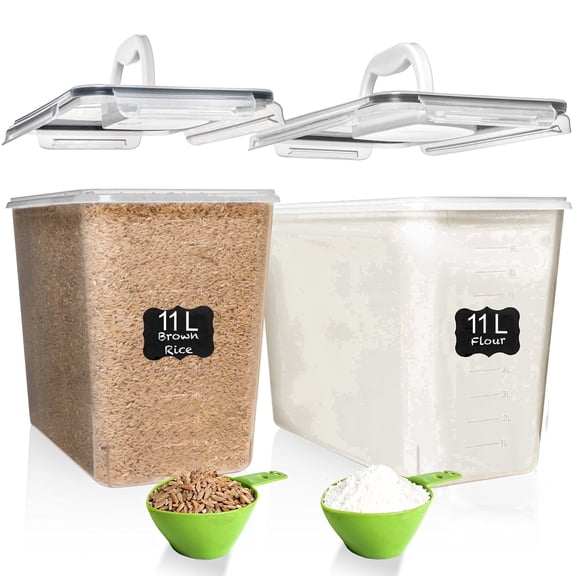 Shazo 4Pcs (11L | 11000ML) Extra Large Airtight Flour Sugar Storage Containers with Lids, BPA Free Plastic Food Storage Containers with Lids   2 Measuring Spoon