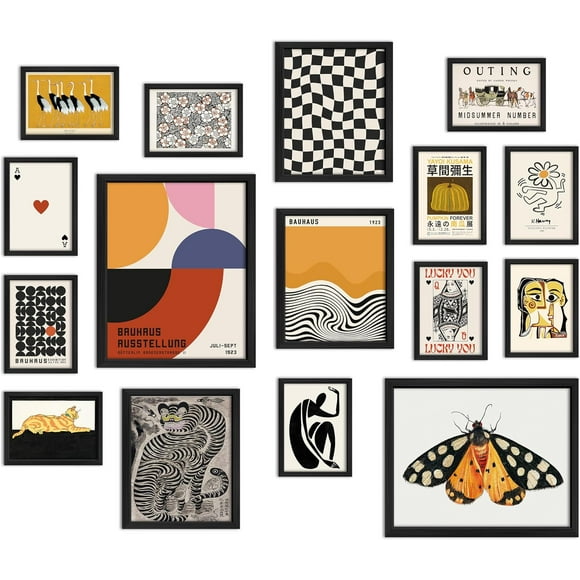 TRAHOO-16 PCS Framed Eclectic Wall Art Decor, Modern Maximalist Wall Prints for Bedroom, Gallery Wall Frame Set, Bauhaus Posters for Living Room Aesthetic, Wall Collage Kit, Funky Dorm Home Decor