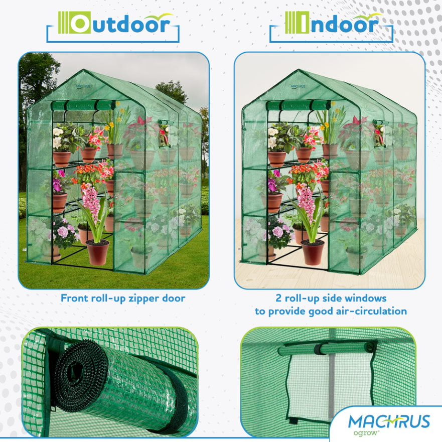 Machrus Ogrow Deluxe Walk-In Greenhouse for Outdoors with 2 Tiers & 8 Shelves – Durable Indoor Greenhouse with Green Cover for Mini Greenhouses and Garden Use