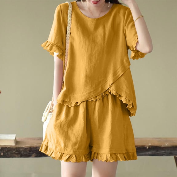 Cagogo Women Plus Size 2 Piece Shorts Set Round Neck Short Sleeve Tshirt Elastic Waisted Shorts Casual Summer Travel Outfits Loose Solid Matching Lounge Set Airport Clothes, Yellow M