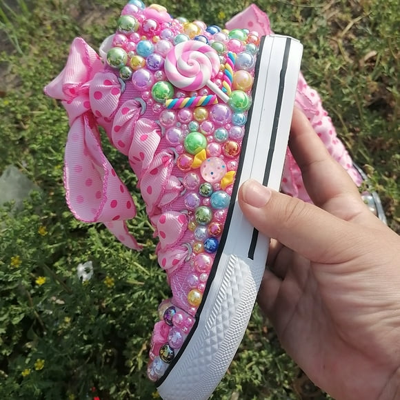 Handmade Rhinestones Bling Girls Womens Kids And Mother Candy Canvas Shoes Pearls Sneakers For Girl Birthday Party Wedding