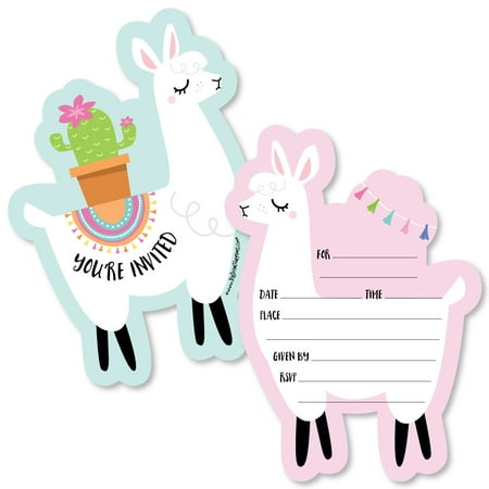 Whole Llama Fun - Shaped Fill-In Invitations - Llama Fiesta Baby Shower or Birthday Party Invitation Cards - Set of