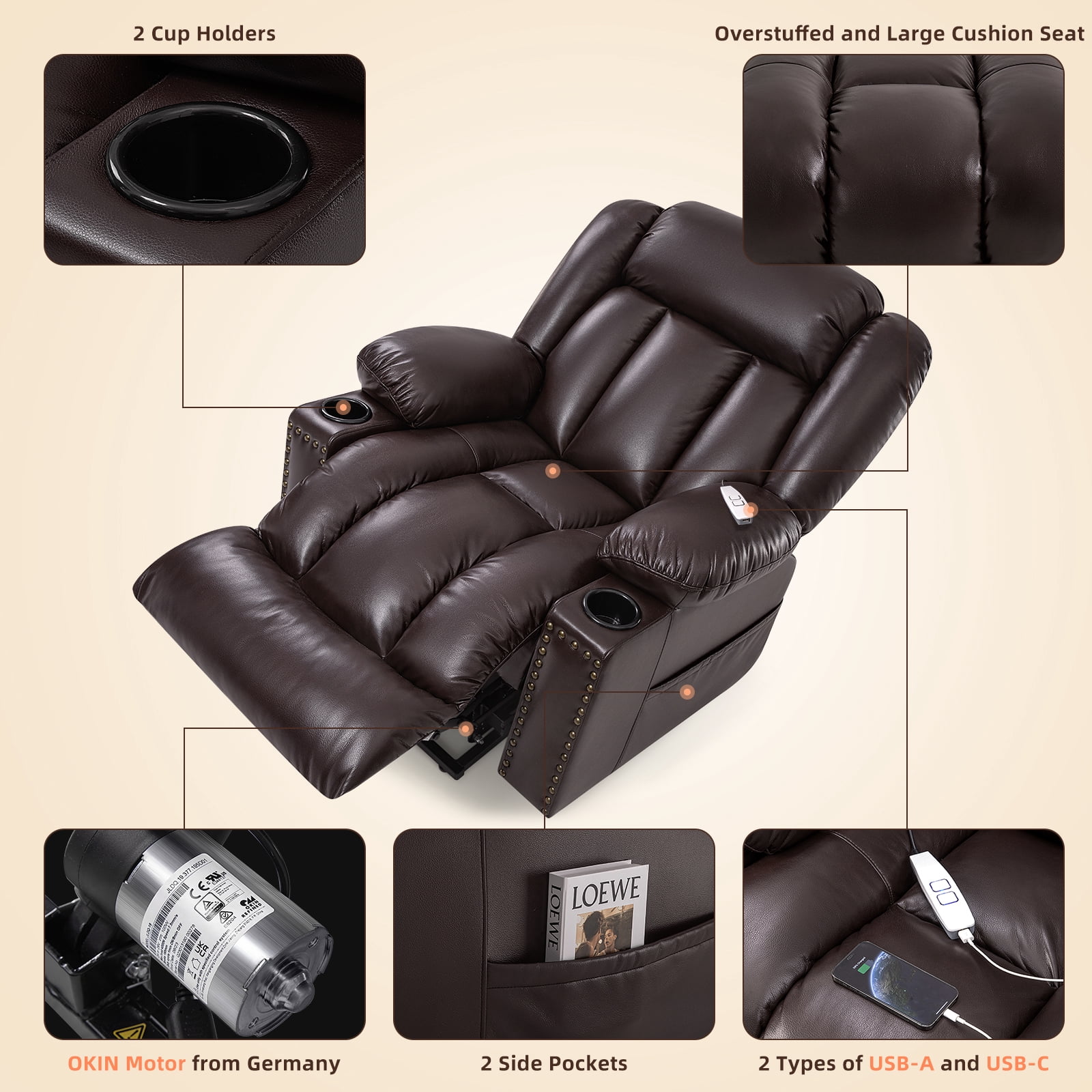 Large Power Lift Chairs Recliners for Elderly with Heated and Massage, Overstuffed Adjustable Lift Chairs, 3 Positions, Breathable Leather, USB-A and USB-C, Cup Holder, Side Pocket, Dark Brown