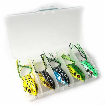 5Pcs Topwater Frog Lures Sets with Bait Box Frog Lure Ray Frog Topwater Fishing Crankbait Lures Frog Artificial Soft Bait for Bass Snakehead Weedless Freshwater Soft Simulated Frog Bait