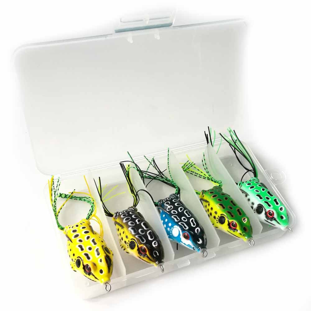 5Pcs Topwater Frog Lures Sets with Bait Box Frog Lure Ray Frog Topwater Fishing Crankbait Lures Frog Artificial Soft Bait for Bass Snakehead Weedless Freshwater Soft Simulated Frog Bait