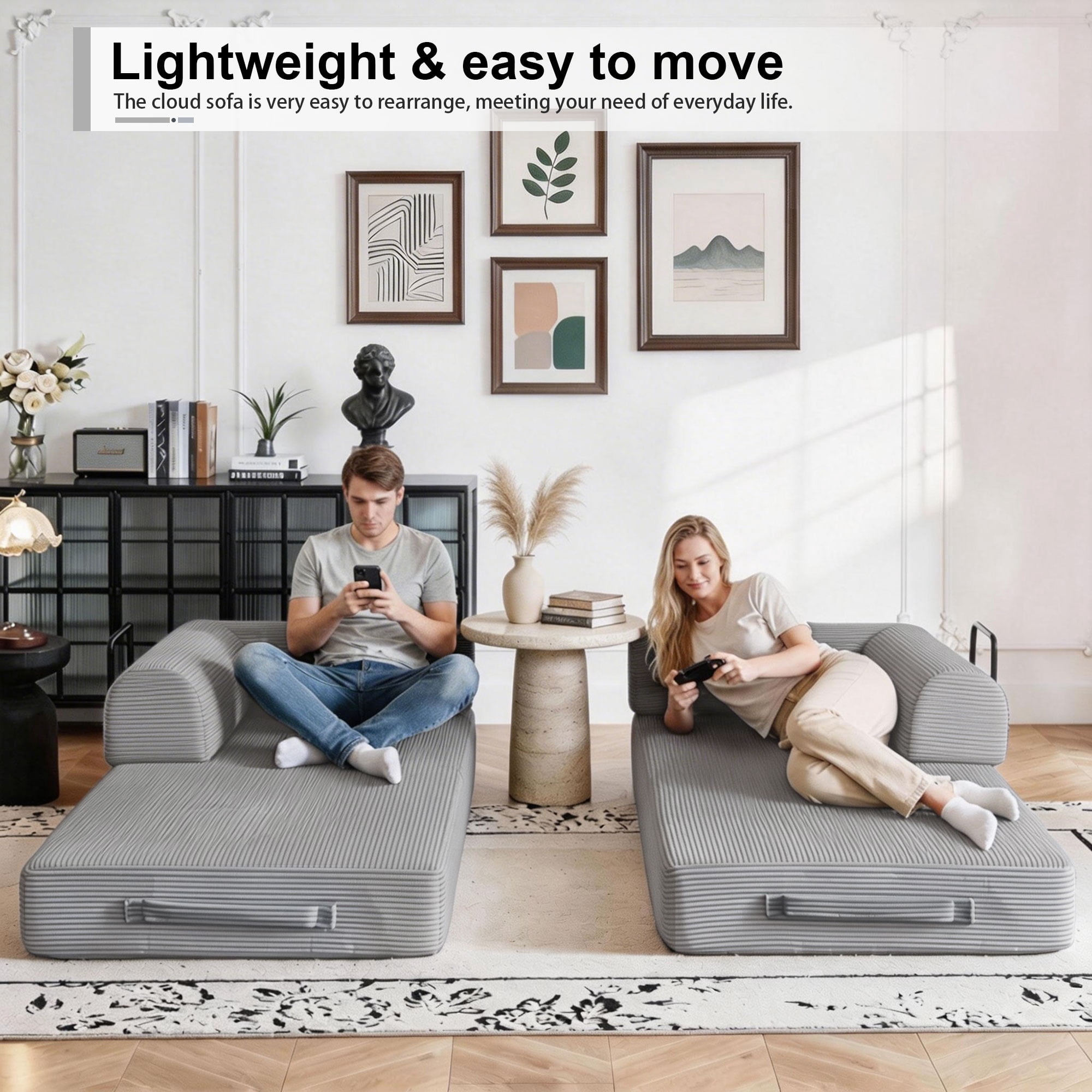 78" Boneless Convertible Sleeper Sofa Bed, Holaki Corduroy Compression Folding Sofa with Pillow & 3 Seat, Fixed-Shape Frame, Floor Sofas Lounge Couch for Living Room Bedroom Apartment, Light Gray