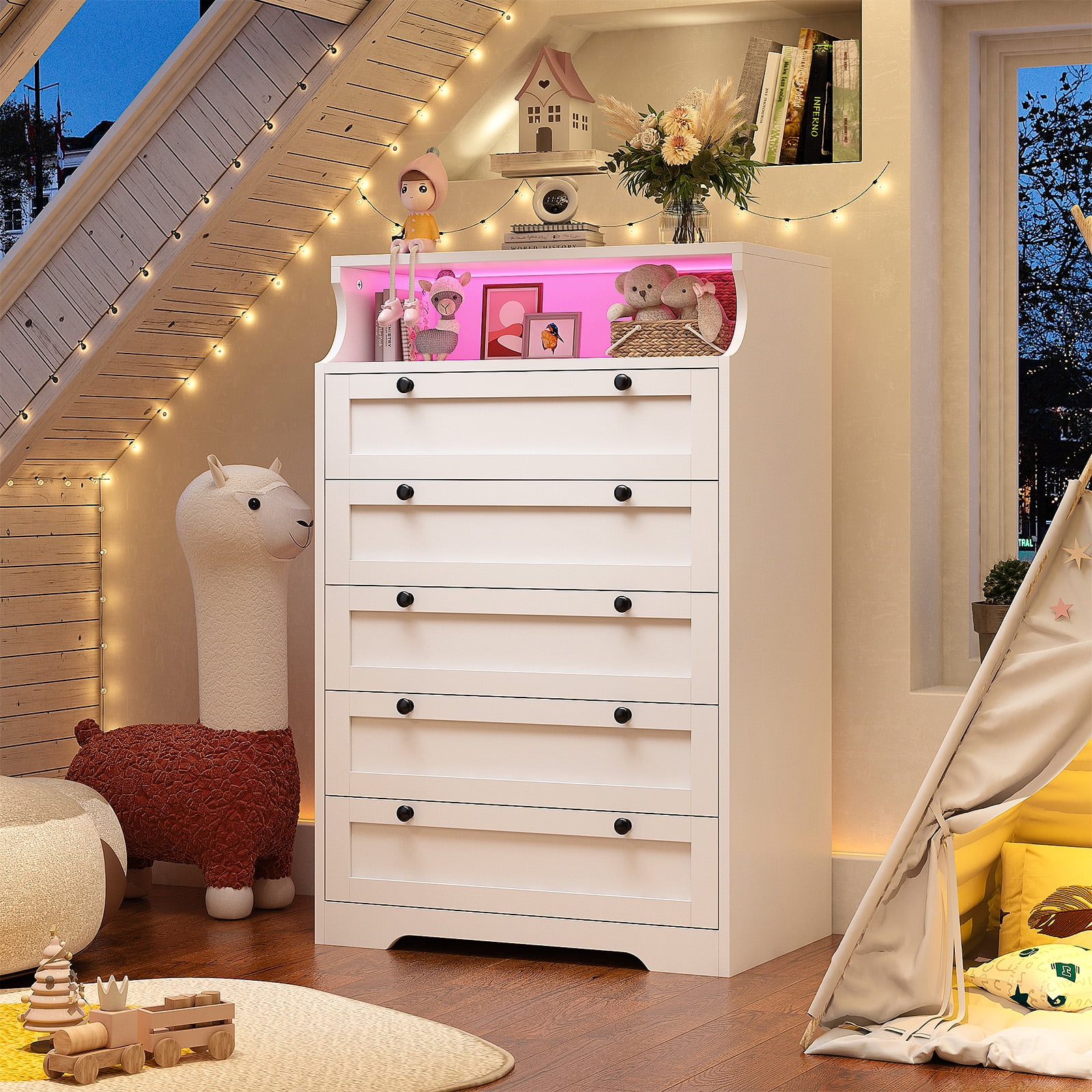 "EnHomee 48.6"" High White Dresser with LED Light, Open Shelf, 5Drawer Storage, Modern Bedroom Cabinet"  (图3)