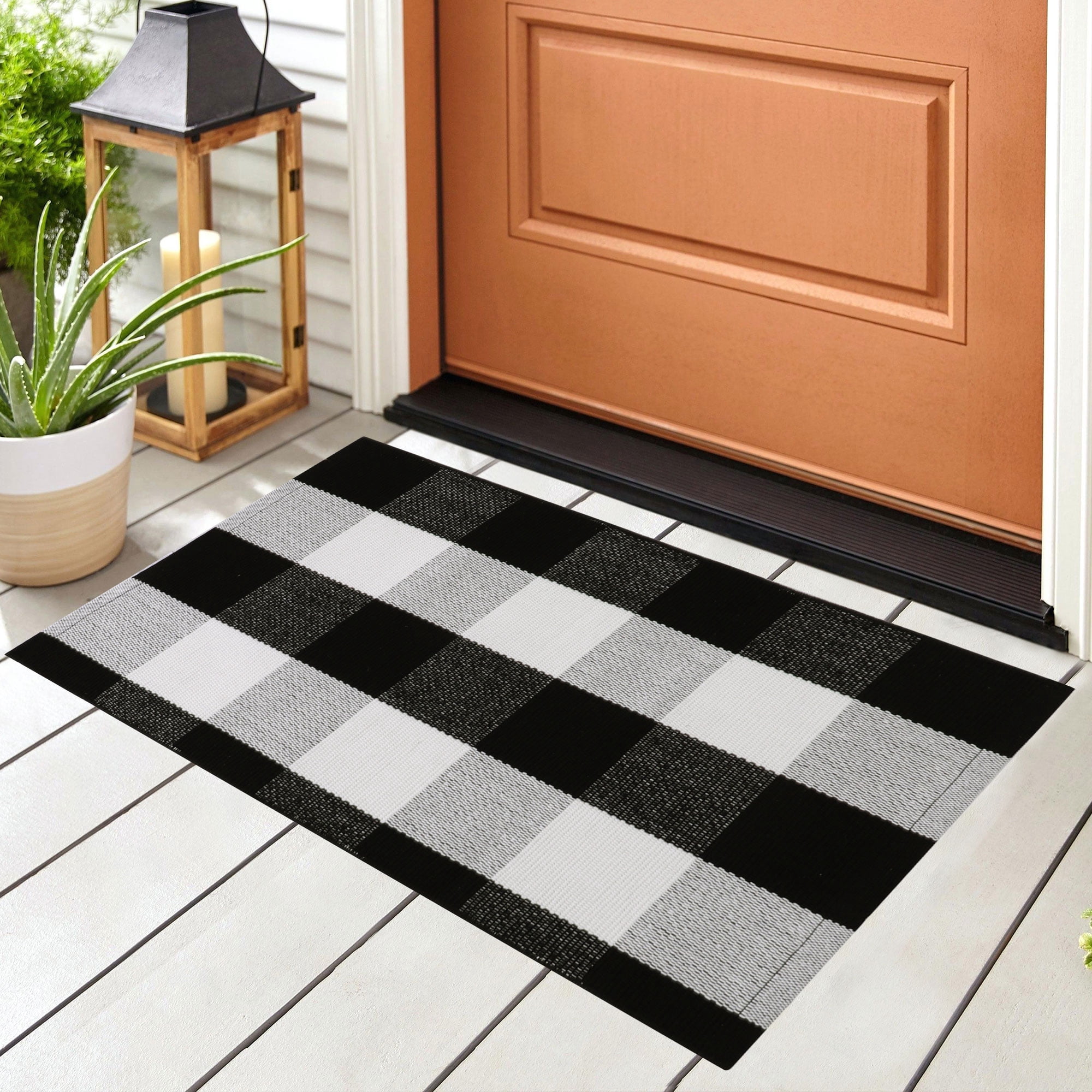 Unique Bargains Cotton Woven Checkered Area Rugs Floor Rug Carpet Mat Black & White 28"x18"