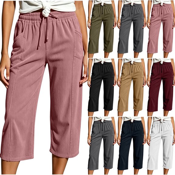 Bloomae Fashion Womens Corduroy Capris Loose Fit Casual Drawstring Elastic High Waist Wide Straight Leg Capri Pants Loose Comfy Cropped Lounge Trousers with Pockets