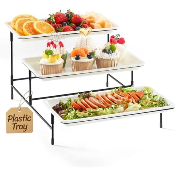 3 Tier Serving Tray, 30 x 17 cm/12 6.5" White Plastic Tiered Food Platters, Tray Stand for Party with Black Collapsible Metal Stand, Dessert Display Cookies/Crackers