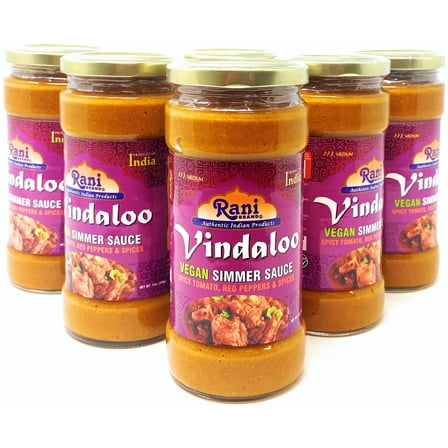 Rani Vindaloo Vegan Simmer Sauce (Spicy Tomato, Red Peppers & Spices) 14oz (400g) Glass Jar, Pack of 5  1 FREE ~ Easy to Use | Vegan | No Colors | All Natural | NON-GMO | Gluten Free | Indian Origin