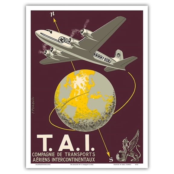 TAI Airline (Transports Aériens Intercontinenteaux) - Douglas DC-4E Airplane - Vintage Airline Travel Poster by P. Praquin c.1952 - Master Art Print (Unframed) 9in x 12in
