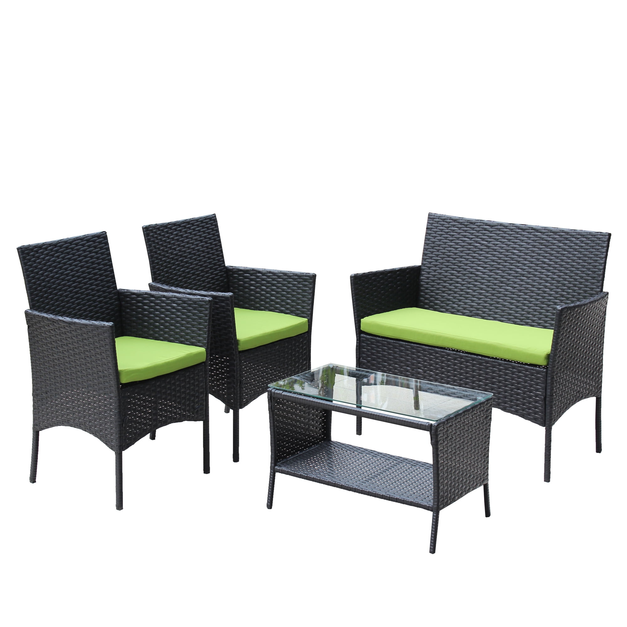 Aukfa 4 Piece Rattan Outdoor Patio Conversation Sofa Set with Table & Cushions, Green