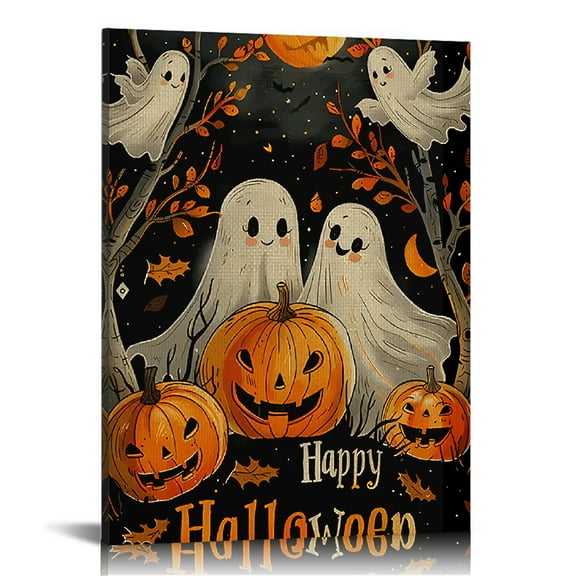 Vintage Halloween Ghost and Pumpkin Canvas Wall Art Painting，Gothic Print Pictures for Home Wall Decor Retro Horror Creepy Dark Posters for Living Room Bedroom Bar Home Halloween Party Decor Framed