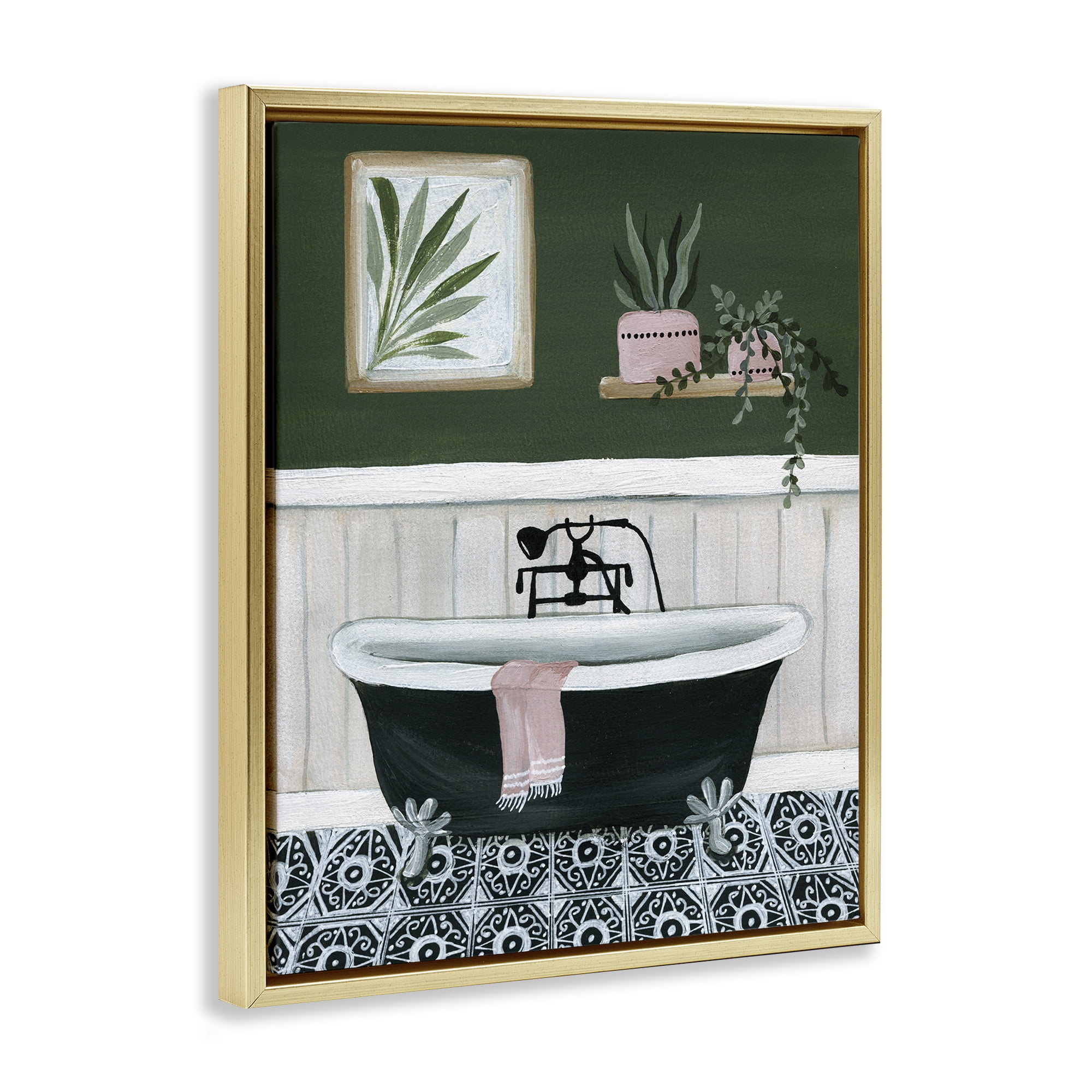 Stupell Industries Green Bathroom Scene Typography Painting Gold Floater Framed Canvas Art Print Wall Art, 25 x 31