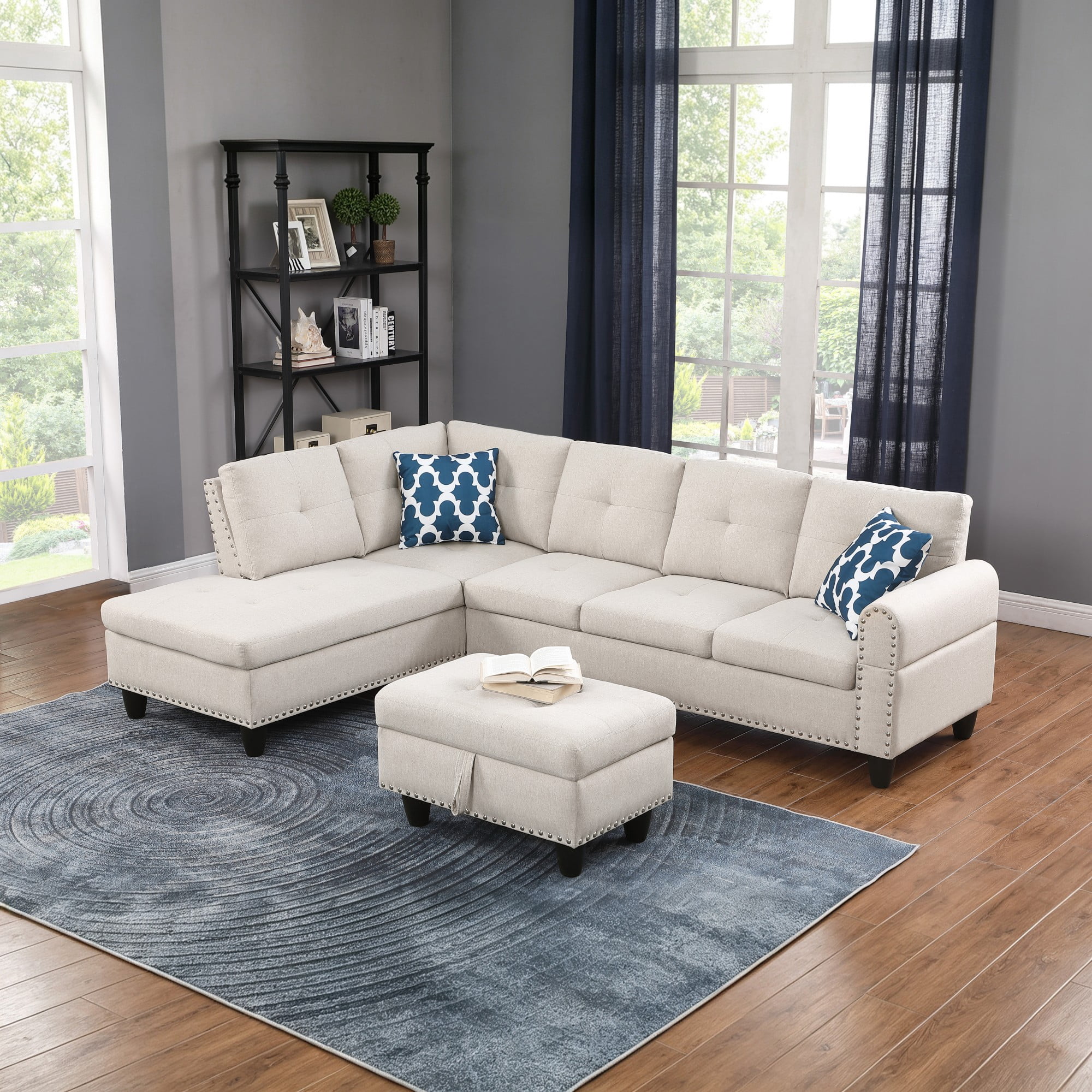 BSHTI 3-Seat Contemporary Linen L-Shaped Sectional Sofa with Reversible Storage Chaise, Storage Ottoman, Cup Holders for Living Room（Beige）