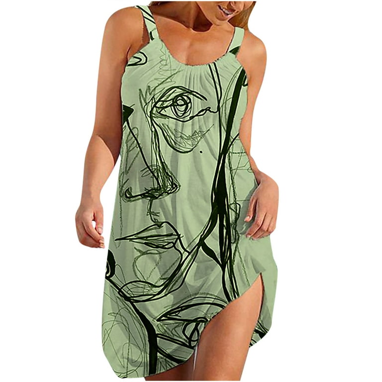 Bigersell Tank Dress Pajamas for Women Casual Round Neck Sleeveless Bandage  Stripe Printed Loose Tank Sling Dress Women Boho Dress Style 2615, Female
