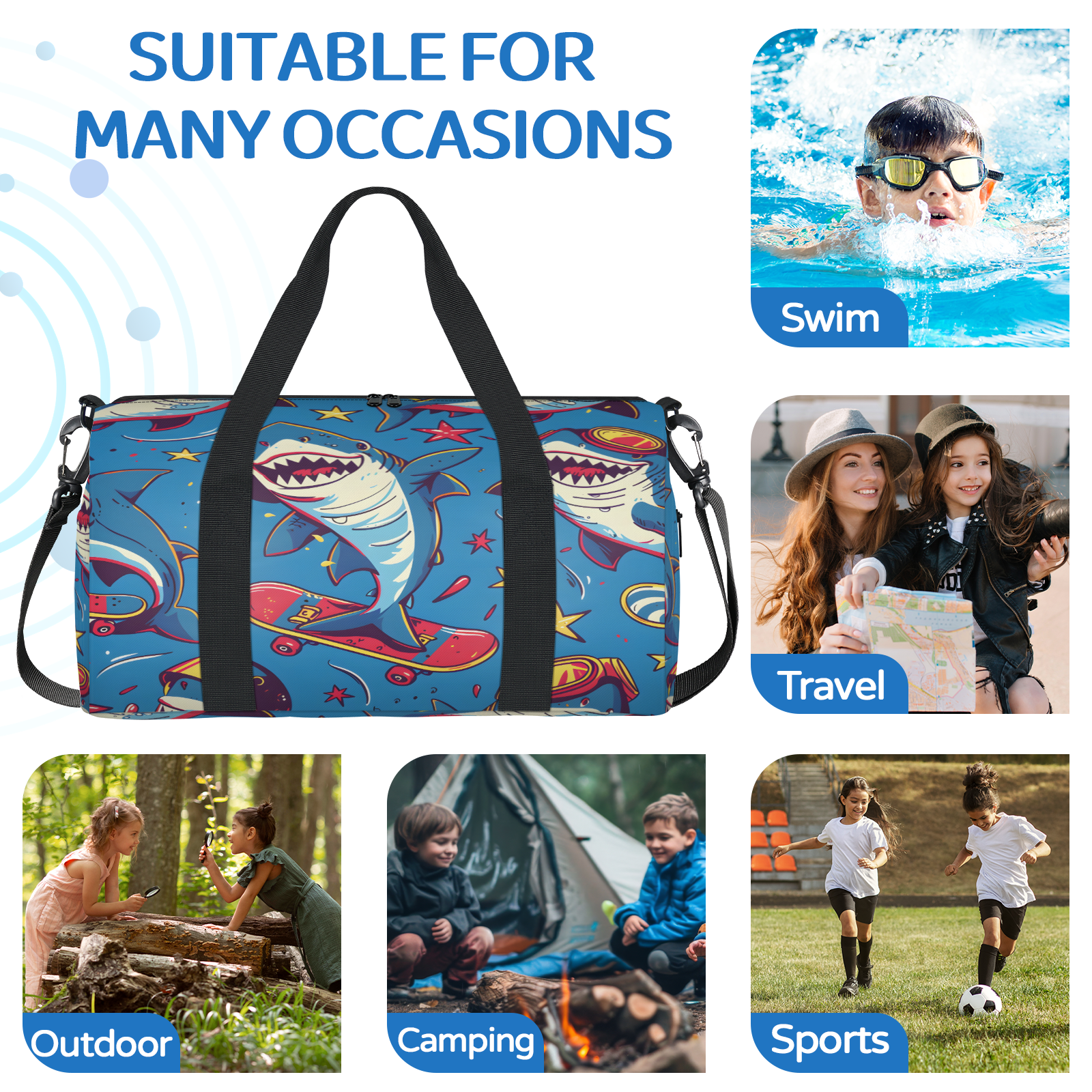 Herdesigns Funny Sharks Gym Bag for Women, Duffle Bag for Travel Sport, Skateboard Shark Lightweight Waterproof Carry on Weekender Dance Yoga Workout Bags