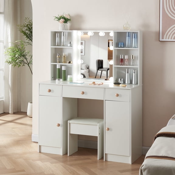 Teousev White Vanity Makeup Table with 10 LED Lights, 3 Drawers Vanity Desk Set with Mirror and Stool, Bedroom Dressing Table