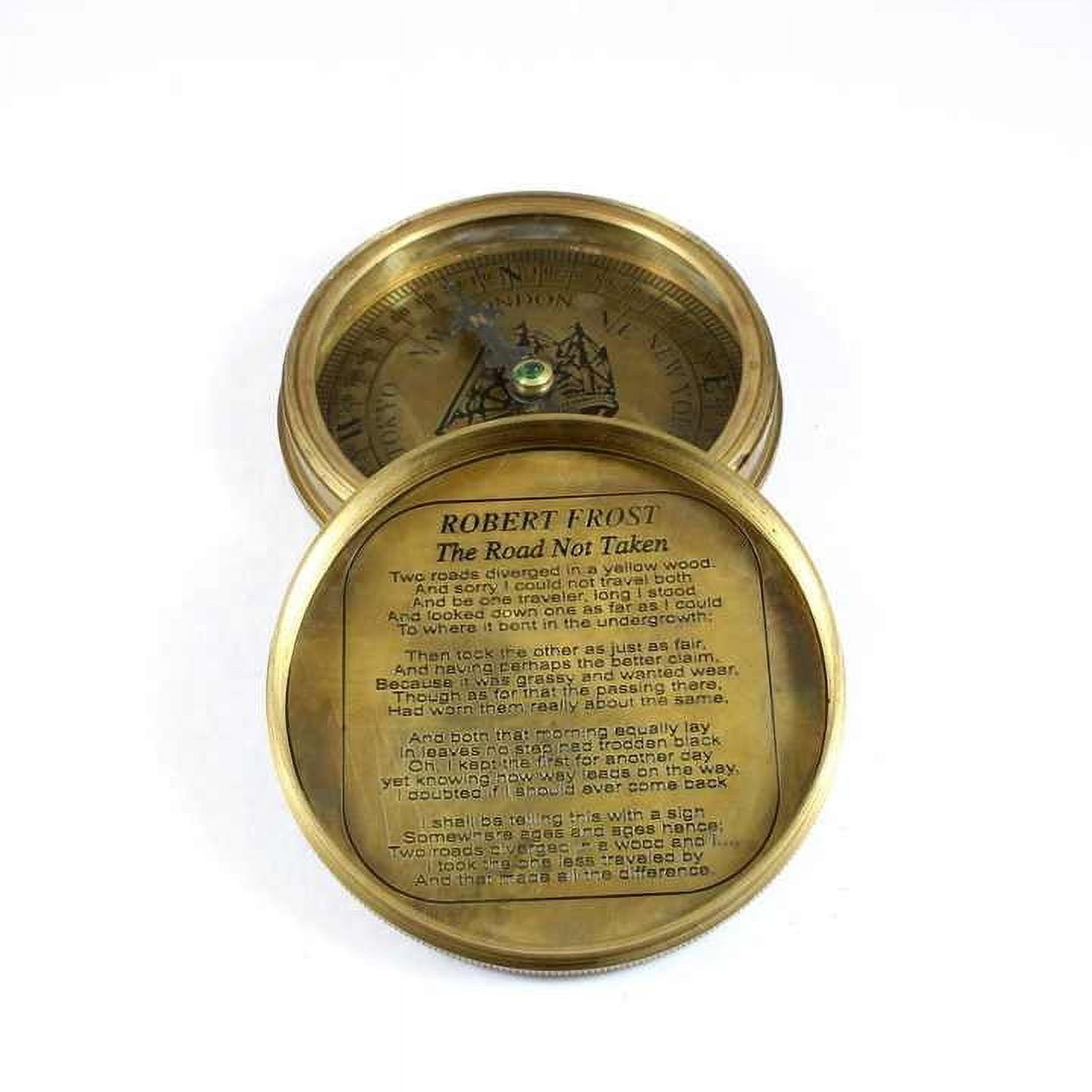 T.Cook London Antique Style Brass Compass Metal Directional Finish with Engraved Robert Frost Text inside