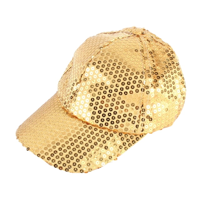 gorra unisex de color sólido, versátil, con protección solar y parasol, de malla, deportiva, con lentejuelas, ajustable, de béisbol, de algodón. Gorra tipo béisbol color oro cubierta en lentejuelas circulares, vista 3/4 frontal con visera curvada, copa de seis paneles con costuras visibles y cierre trasero ajustable de hebilla metálica; adecuada para uso diario y actividades al aire libre, también como accesorio de moda llamativo.