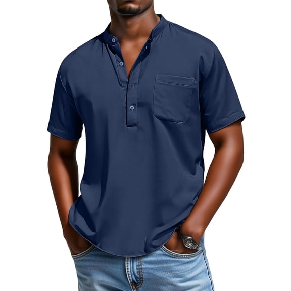 Summer Mens Short Sleeve Henley Shirts Casual Button Down Shirt Lightweight Beach Wear with Pocket Breathable Streetwear Outdoor Shirt Solid Color Basic Style Tops Navy XL