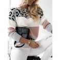 thumbnail image 5 of Women'S Leopard Printed Striped Sweater Crewneck Knitted Long Sleeve Color Block Pullover Pink M, 5 of 6