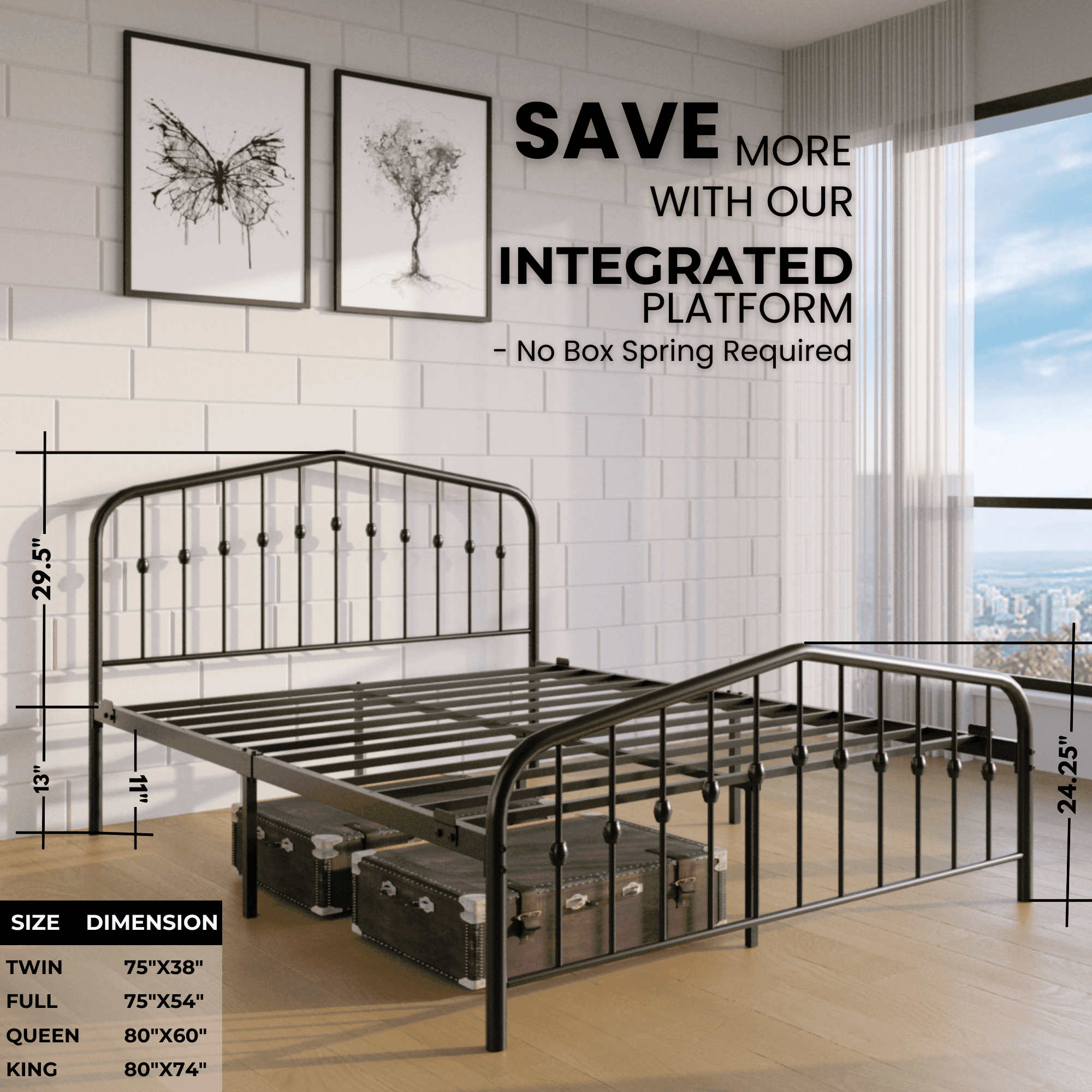 Golden Gate Beds Washington Metal Platform Bed Frame with Antique Victorian Wrought Iron-Art Headboard and Footboard, Classic Vintage Art Deco Style Foundation, No Box Spring Needed, Black,Queen Size