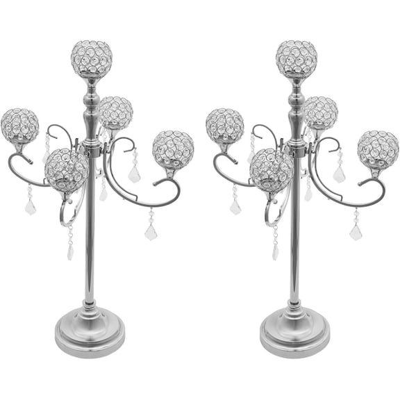 2 Pack 5-Arm Crystal Candelabra Candle Holder 33.8 Inches Tall Floor Candle Holder Candelabras Centerpieces for Table Decoration (Silver)