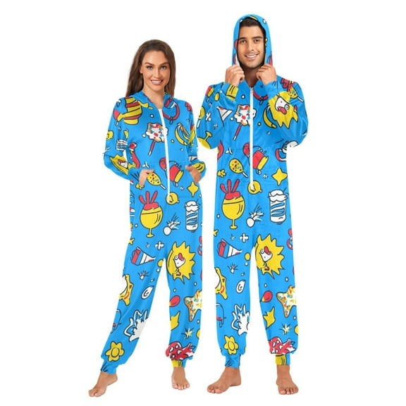 Colorful Cartoon Doodles Pattern Adult onesie Pajamas, Crystal Velvet Ultra Soft Warm Jumpsuit for Men and Women