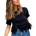 thumbnail image 1 of Camiseta lisa de manga corta con plumas para mujer: blusa informal, cuello redondo, poliéster, para todas las estaciones, tallas S-L, 1 of 7
