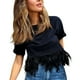 thumbnail image 1 of Camiseta lisa de manga corta con plumas para mujer: blusa informal, cuello redondo, poliéster, para todas las estaciones, tallas S-L, 1 of 7