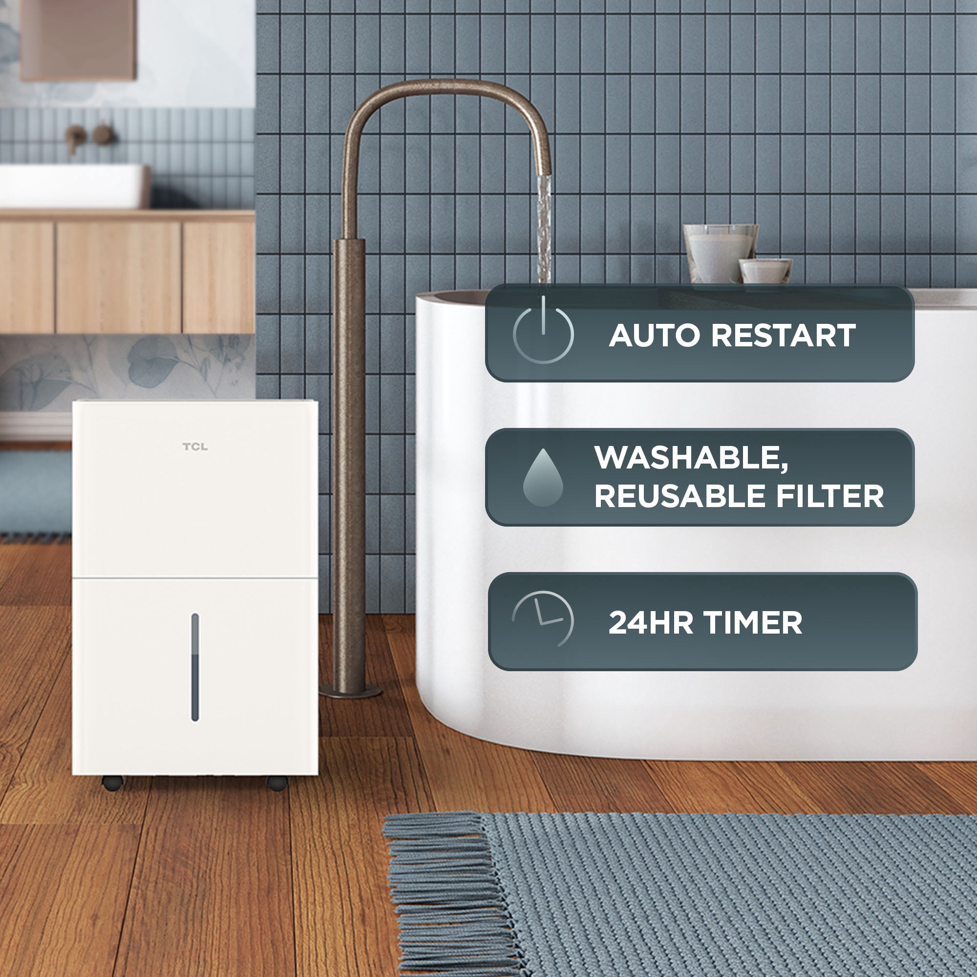 TCL 25 Pint Smart Dehumidifier (White) - Energy Star Certified, Precise Humidity Control, Quiet Operation, Bucket and Continuous Drain, Compact & Portable Design, Rooms up to 2,000 sq ft - W25D93W