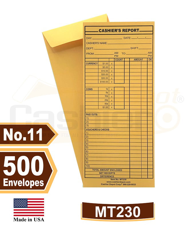Cashier Depot MT230 Cashiers Report Envelope 4 1/2 x 10 3/8 500/Box Generic Box Brown Kraft 24lb 
