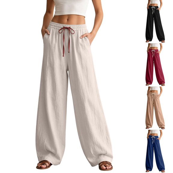 YYDGH Women's Baggy Wide Leg Pants Cotton Linen Drawstring Elastic Waist Pants with Pockets Loose Casual Plus Size Solid Color Trousers